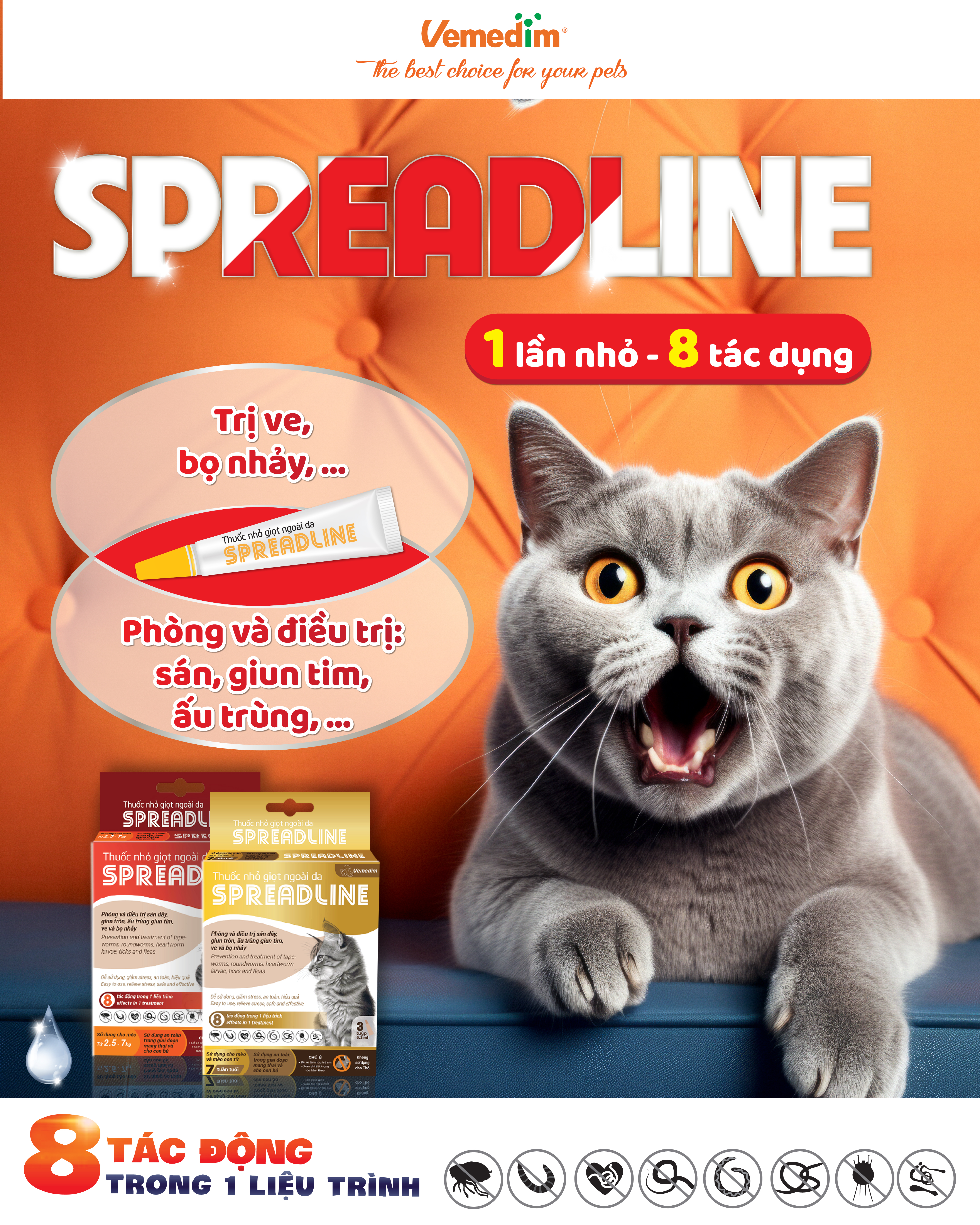 Alternative view of Vemedim Spreadline - Ống nhỏ gáy diệt ve rận cho mèo (1 ống)